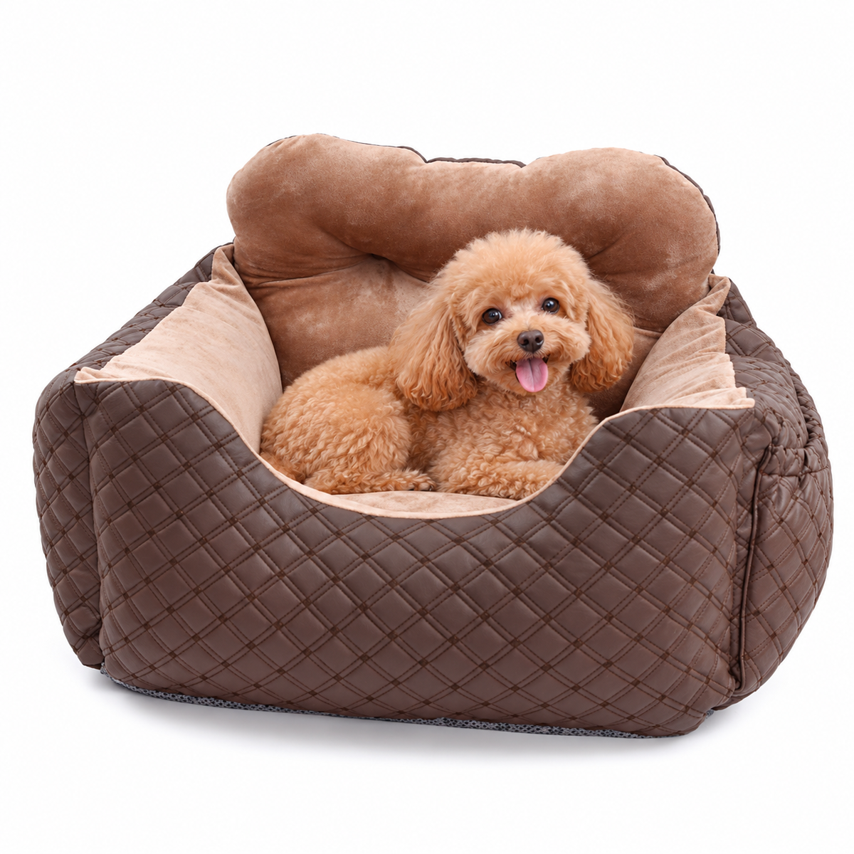 Portable Cushioned Dog Car Kennel – Coffee, 50 × 40 × 40 cm – clear view with dog
