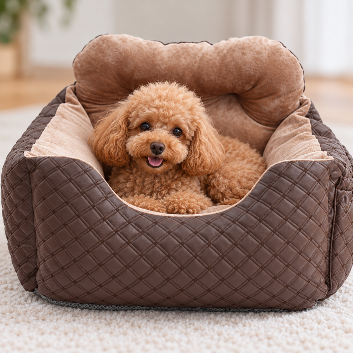Portable Cushioned Dog Car Kennel – Coffee, 50 × 40 × 40 cm – detail view with dog