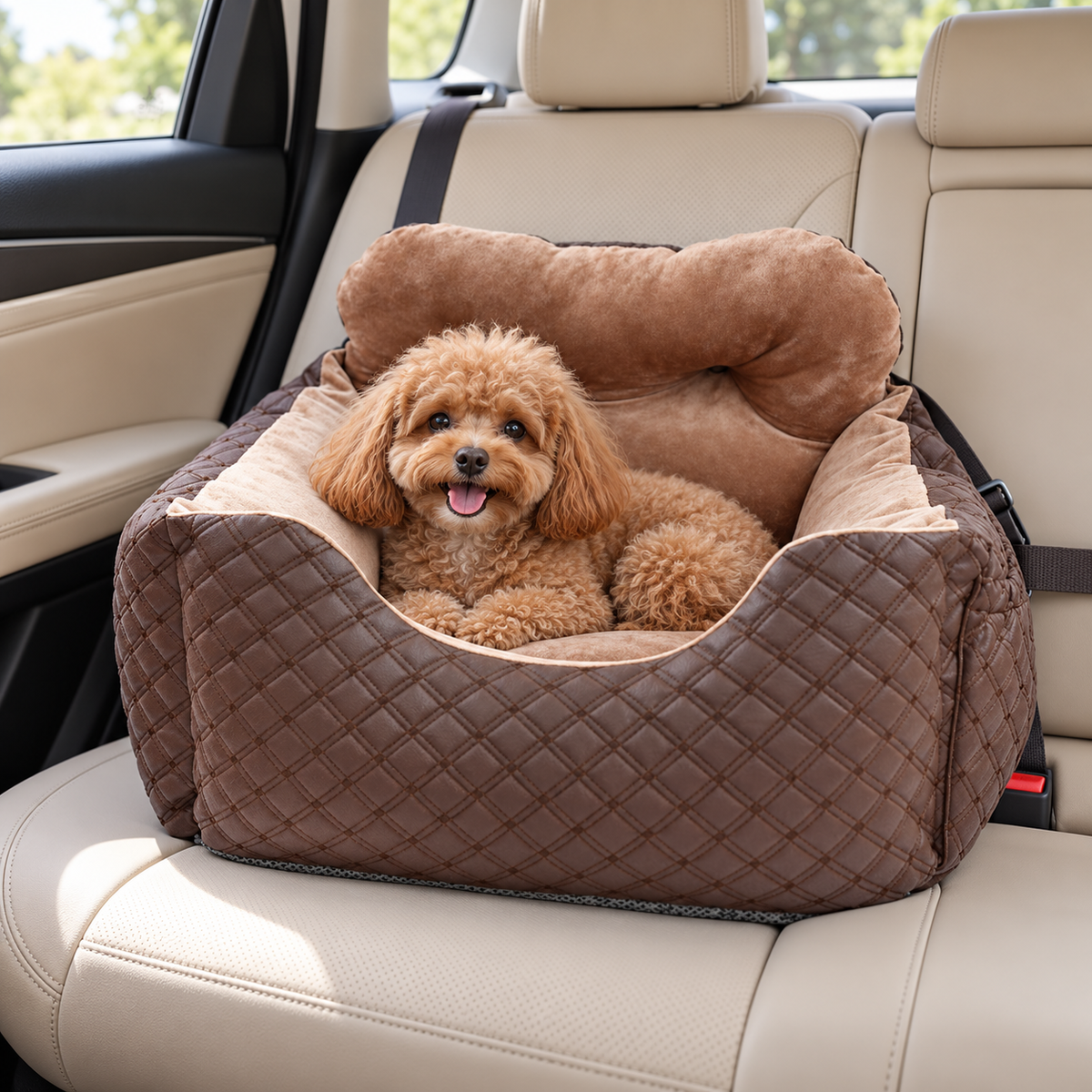 Portable Cushioned Dog Car Kennel – Coffee, 50 × 40 × 40 cm – main view with dog