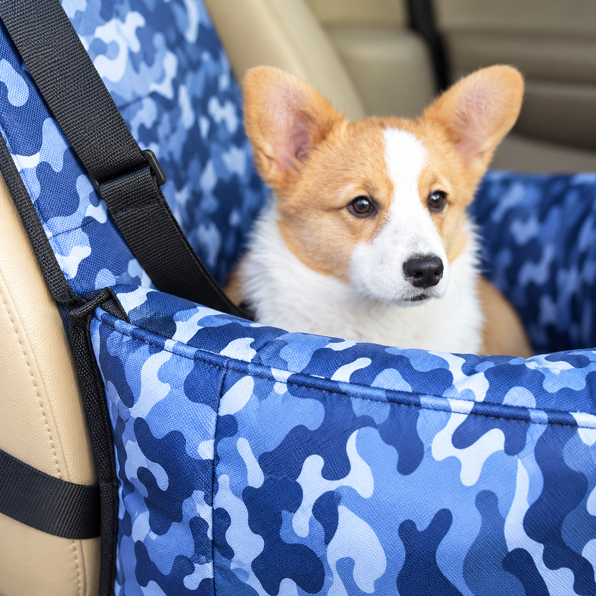 Compact Cloth Dog Car Travel Seat – Blue, 38 × 26 × 18 cm – detail view with dog