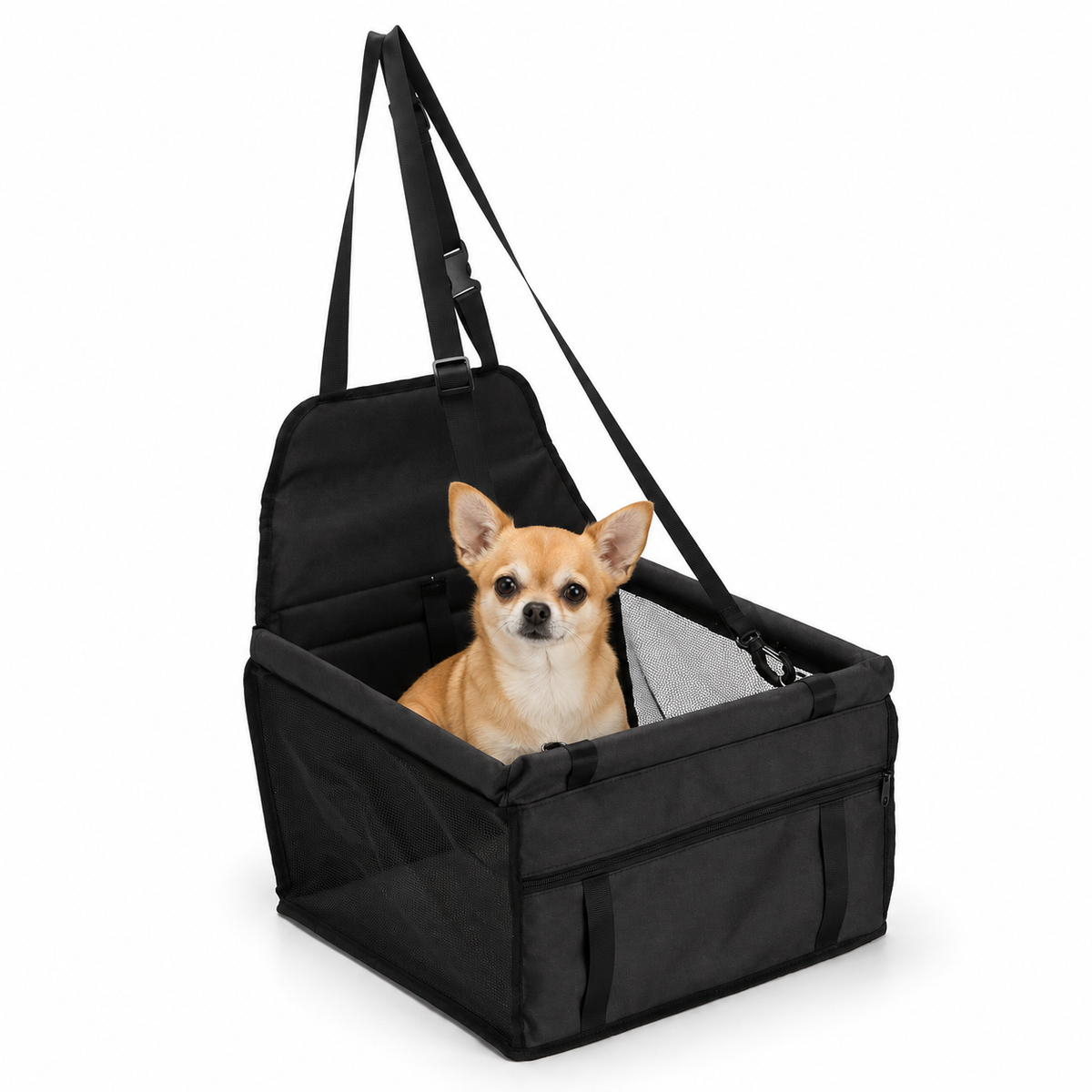 Foldable Oxford & Sponge Dog Car Seat – Black, 41 × 38 × 24 cm – clear view with dog