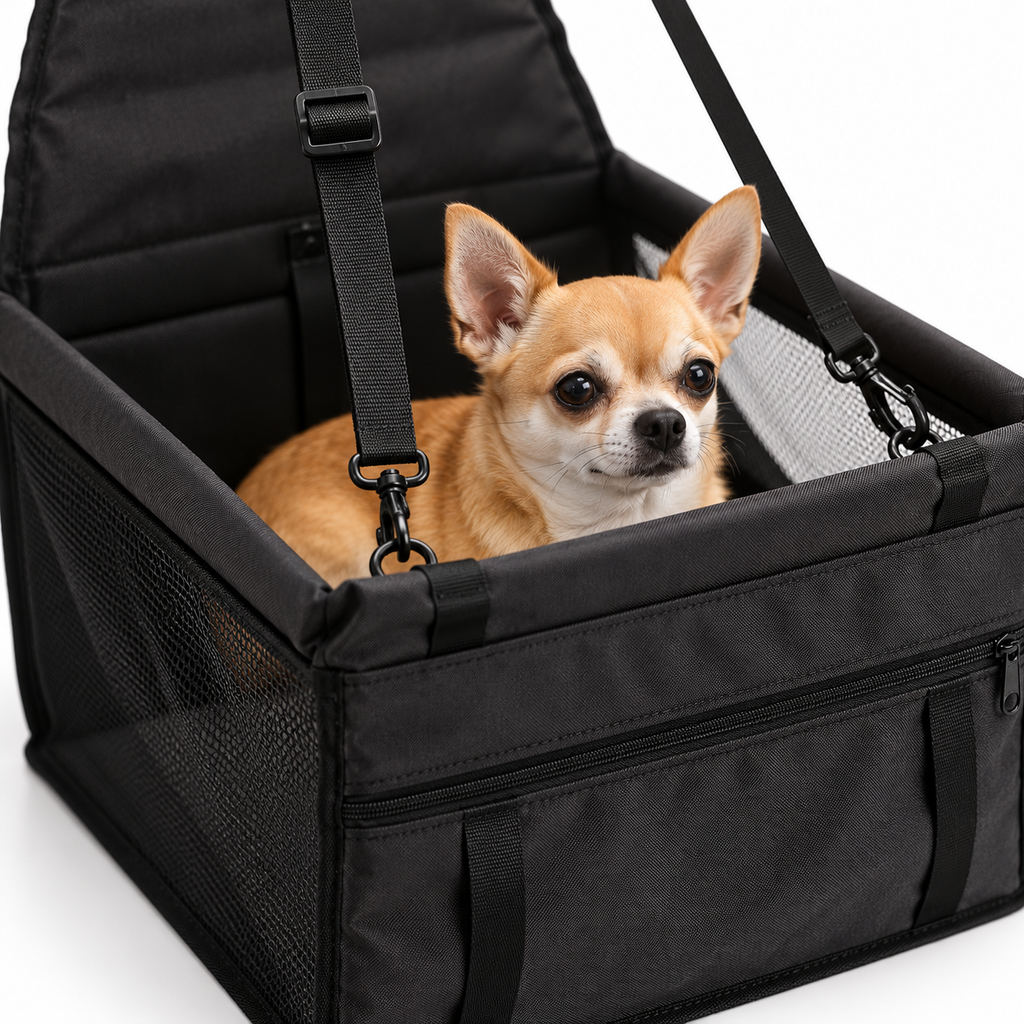Foldable Oxford & Sponge Dog Car Seat – Black, 41 × 38 × 24 cm – detail view with dog