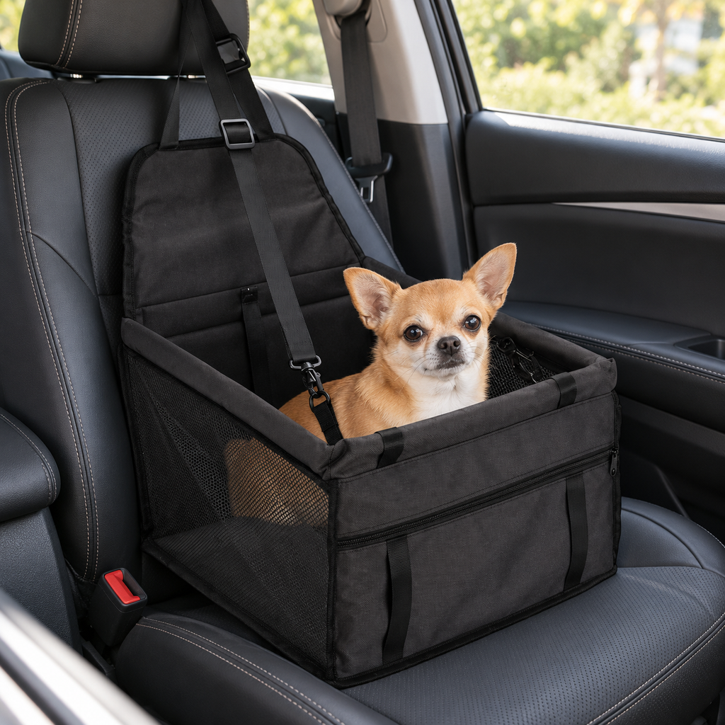 Foldable Oxford & Sponge Dog Car Seat – Black, 41 × 38 × 24 cm – main view with dog