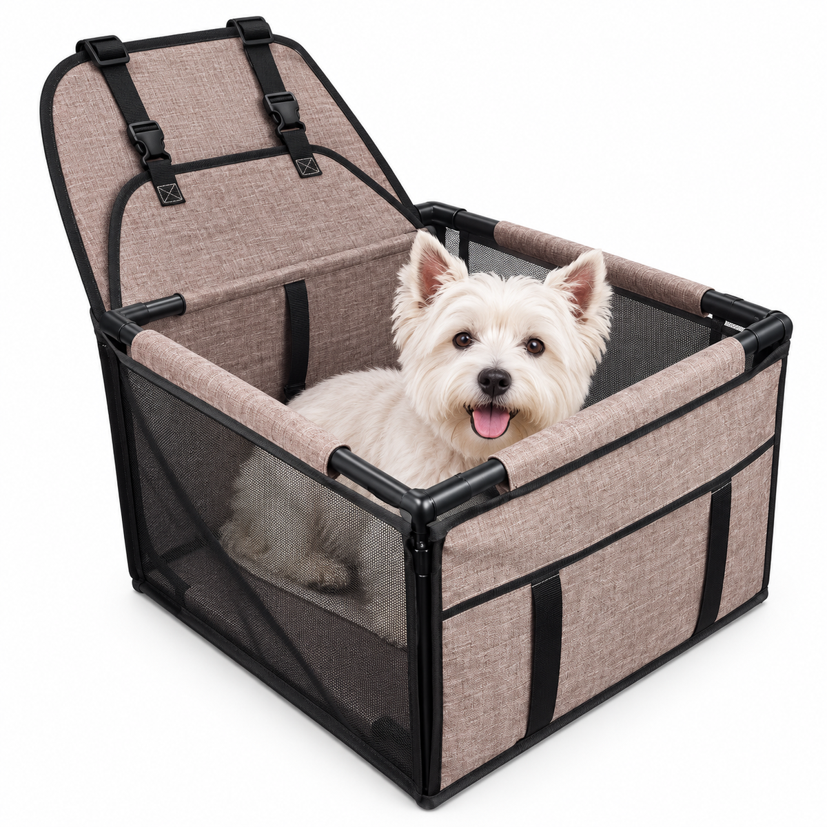 900D Oxford Dog Car Booster Seat – Coffee, 39 × 39 × 27 cm – clear view with dog