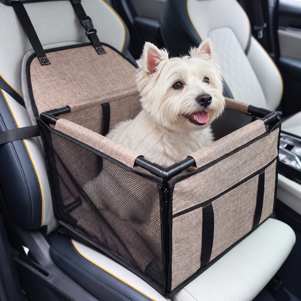 900D Oxford Dog Car Booster Seat – Coffee, 39 × 39 × 27 cm – detail view with dog