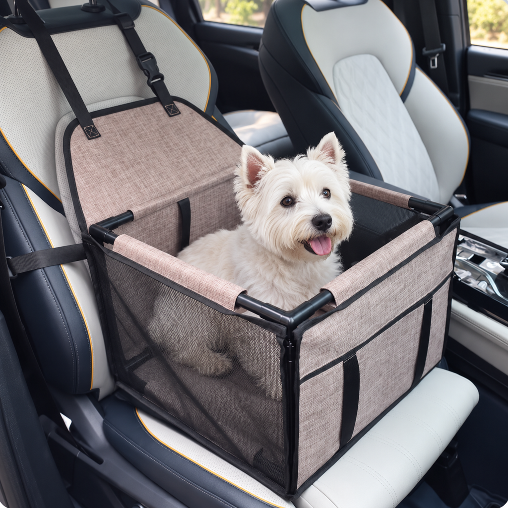 900D Oxford Dog Car Booster Seat – Coffee, 39 × 39 × 27 cm – main view with dog