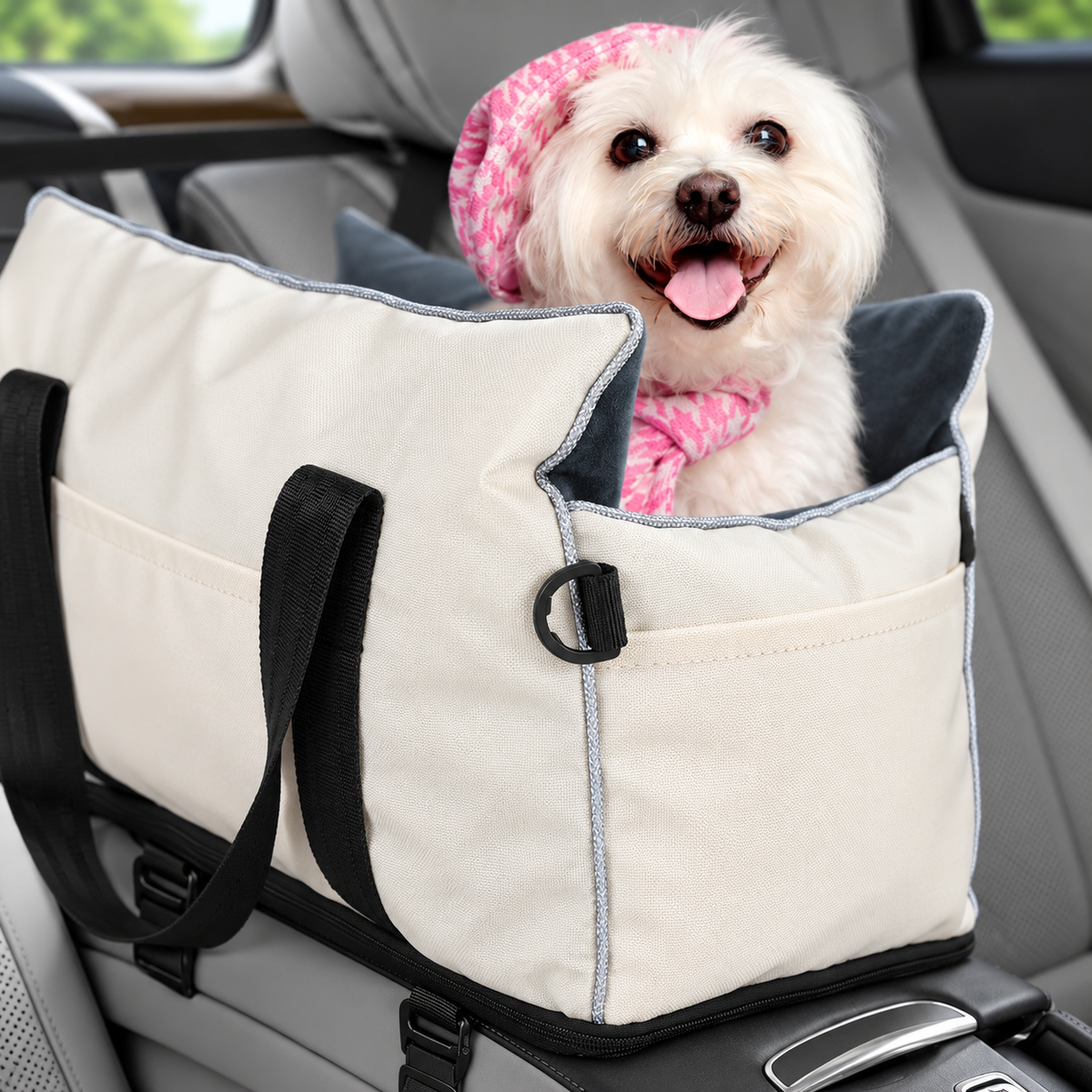Console Dog Car Seat with Three Storage Pockets – Beige, Up to 10 lb – detail view with dog