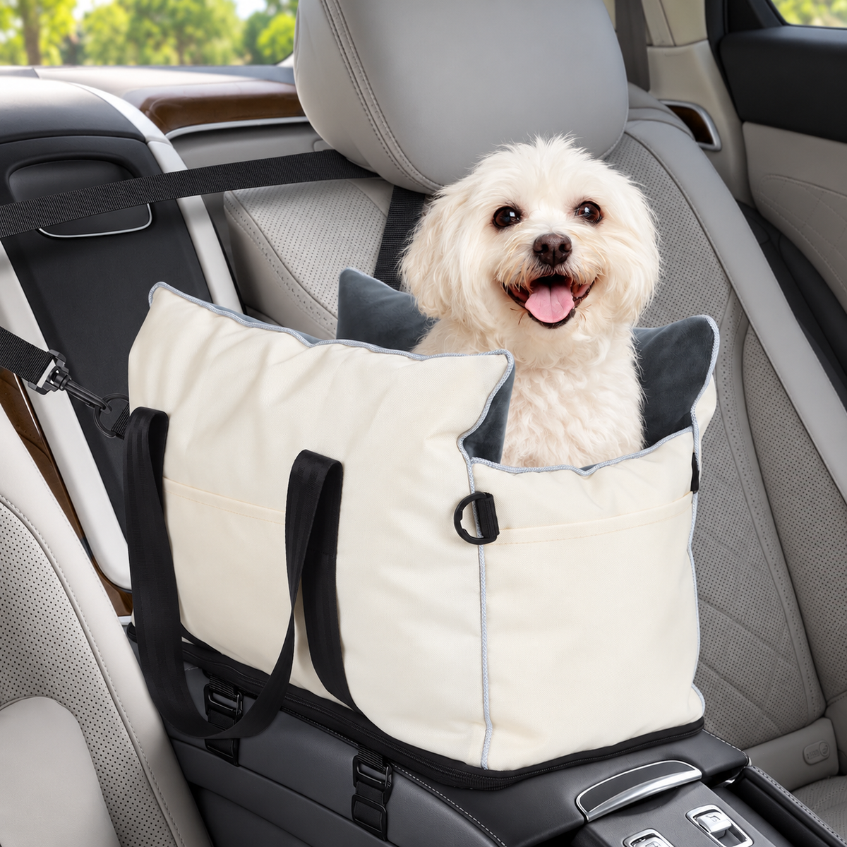 Console Dog Car Seat with Three Storage Pockets – Beige, Up to 10 lb – main view with dog