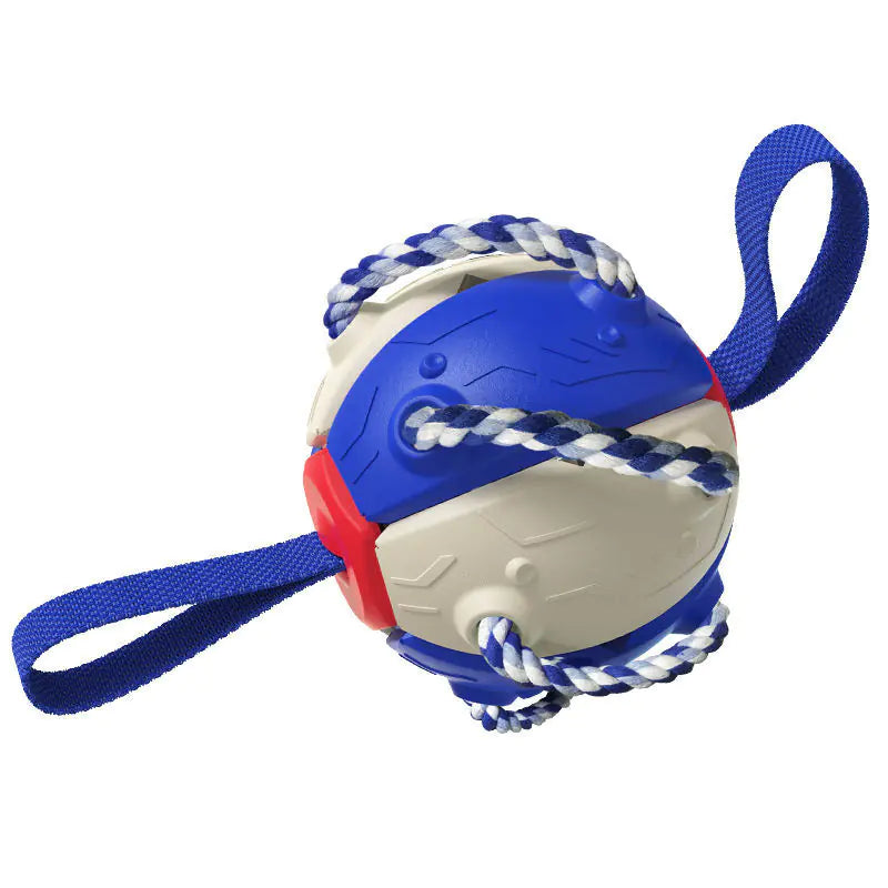 American Blue dog ball with braided ropes and two fabric loop handles on a white background