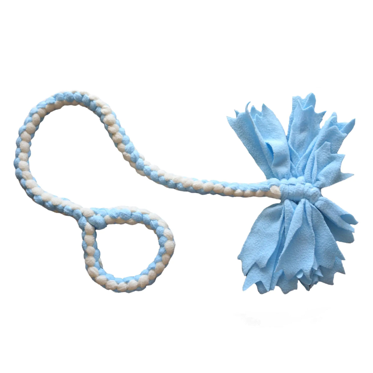 Single blue and cream braided fleece tug toy with a blue tassel on a white background