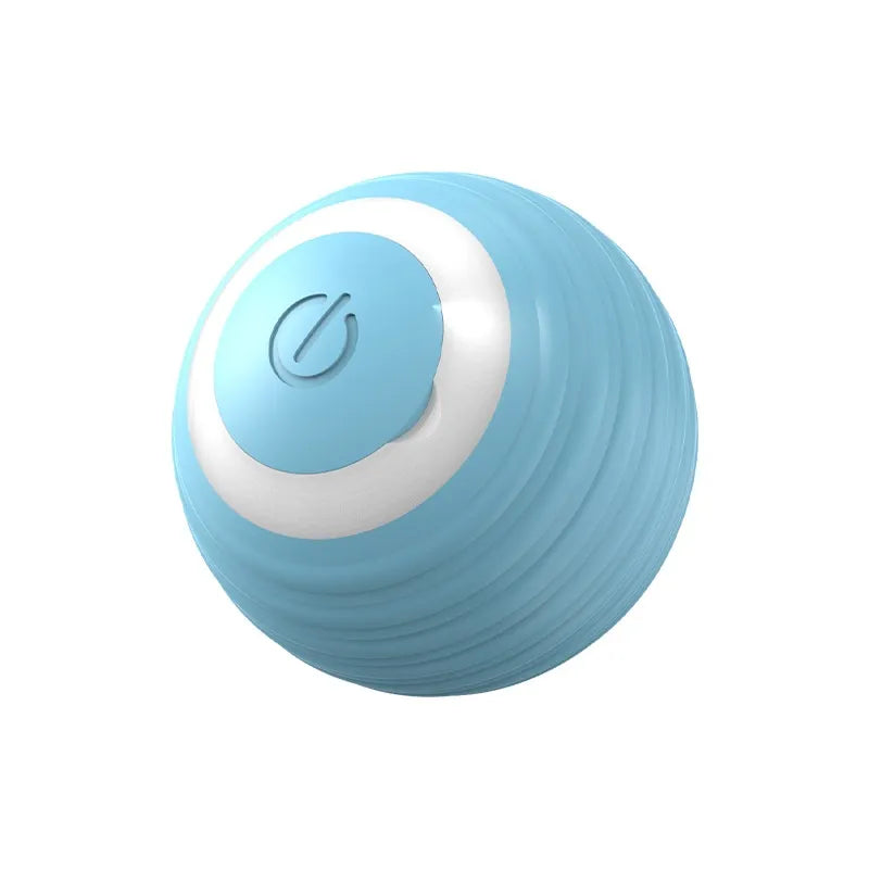 Single blue interactive rolling dog toy ball with a white ring