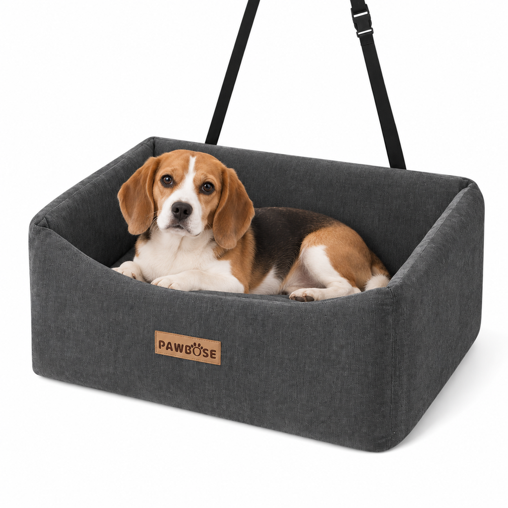 PAWBOSE Velvet Rear-Seat Dog Car Bed – Grey, Large, Up to 55 lb – clear view with dog