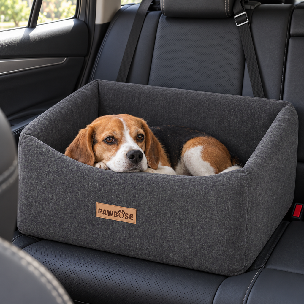 PAWBOSE Velvet Rear-Seat Dog Car Bed – Grey, Large, Up to 55 lb – detail view with dog