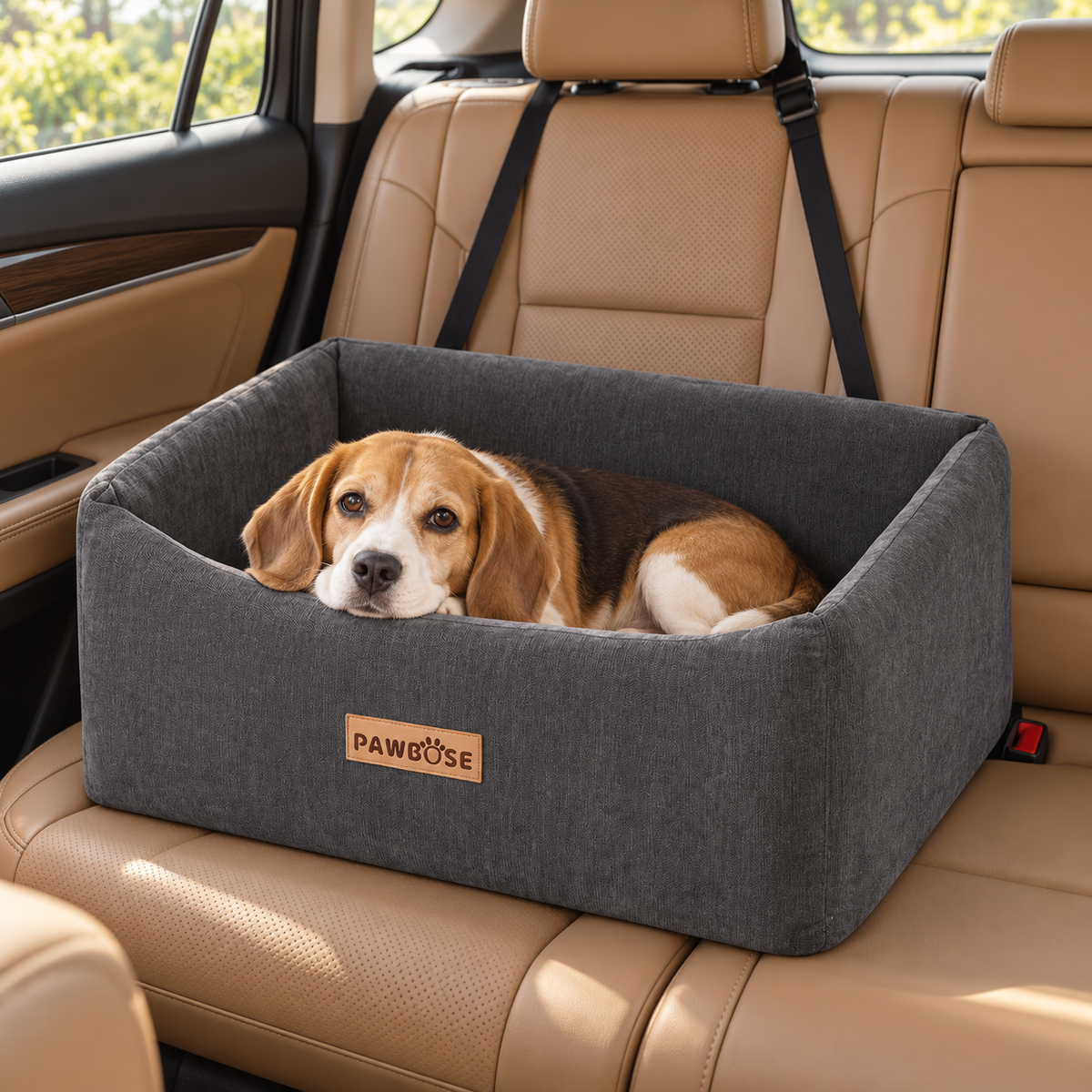 PAWBOSE Velvet Rear-Seat Dog Car Bed – Grey, Large, Up to 55 lb – main view with dog