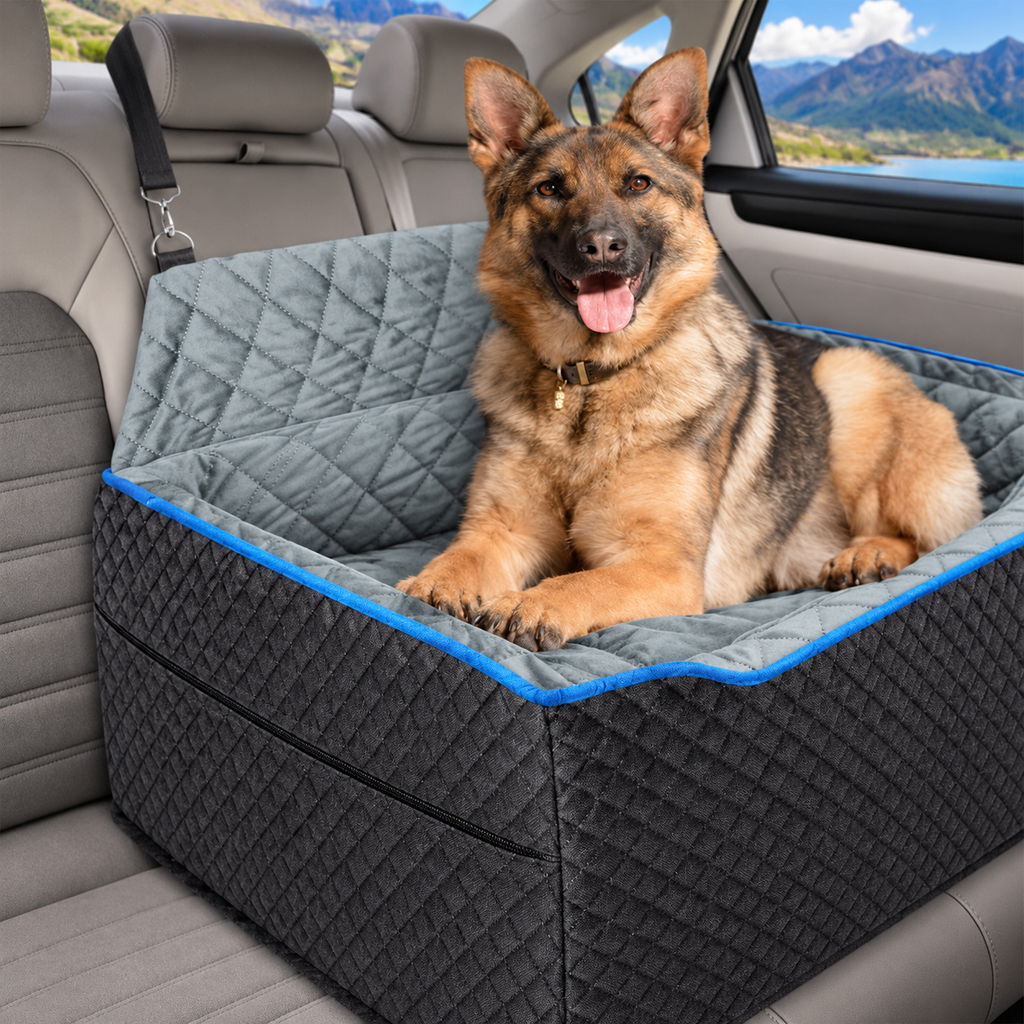 AlfaTok Memory Foam Rear-Seat Dog Car Bed – Black, Large, Up to 60 lb – detail view with dog