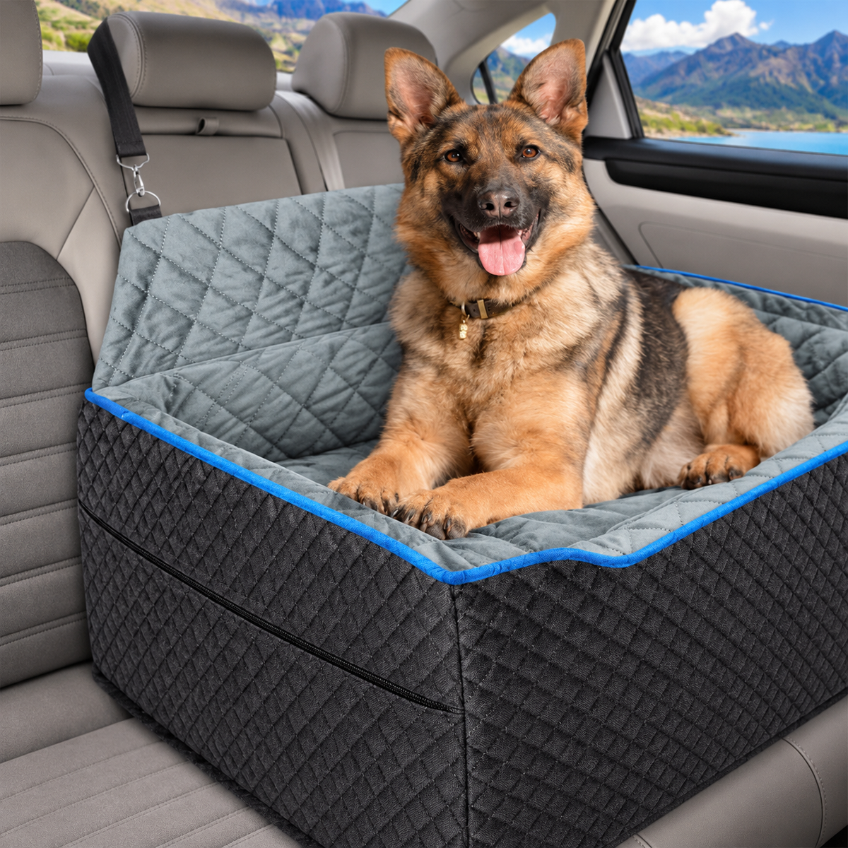AlfaTok Memory Foam Rear-Seat Dog Car Bed – Black, Large, Up to 60 lb – detail view with dog