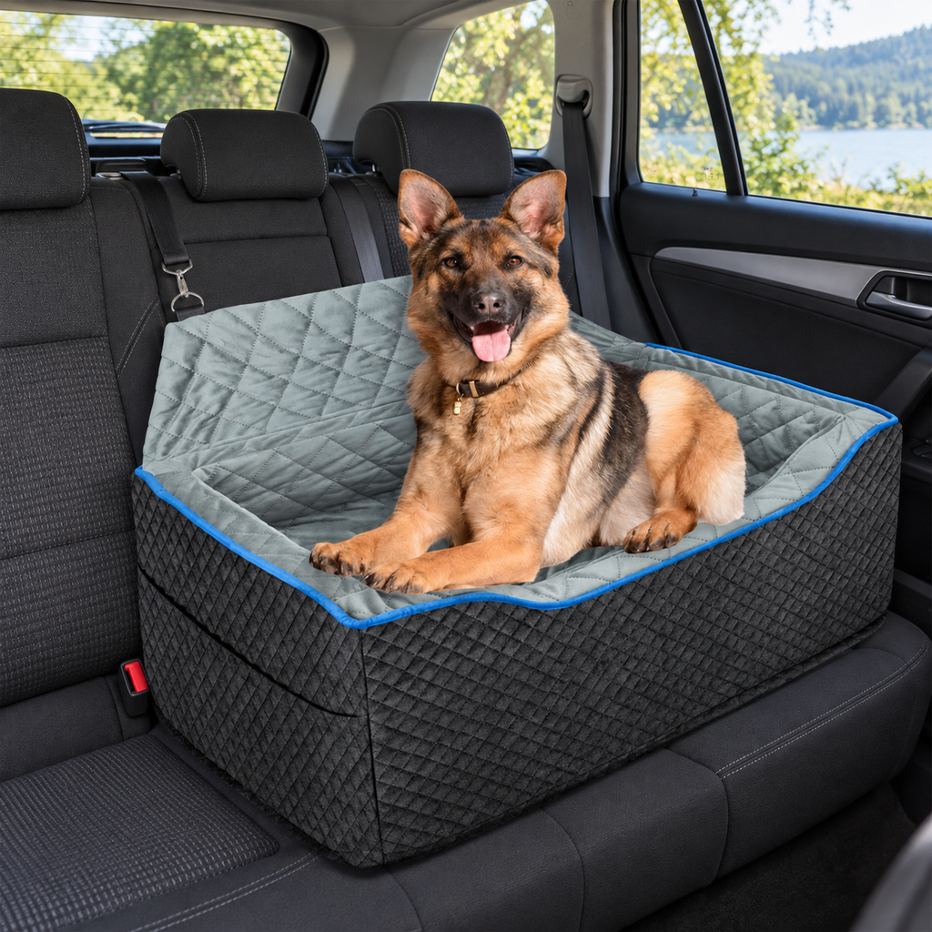 AlfaTok Memory Foam Rear-Seat Dog Car Bed – Black, Large, Up to 60 lb – main view with dog