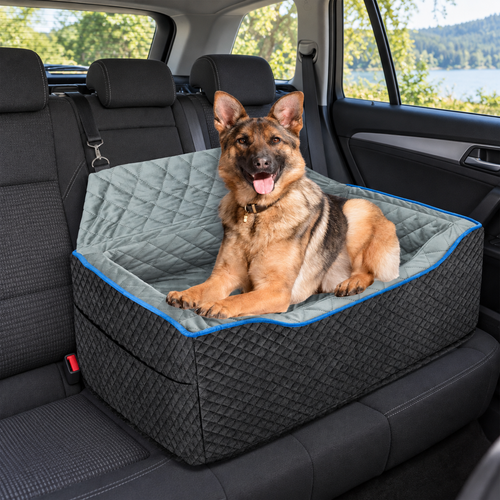 AlfaTok Memory Foam Rear-Seat Dog Car Bed – Black, Large, Up to 60 lb – main view with dog