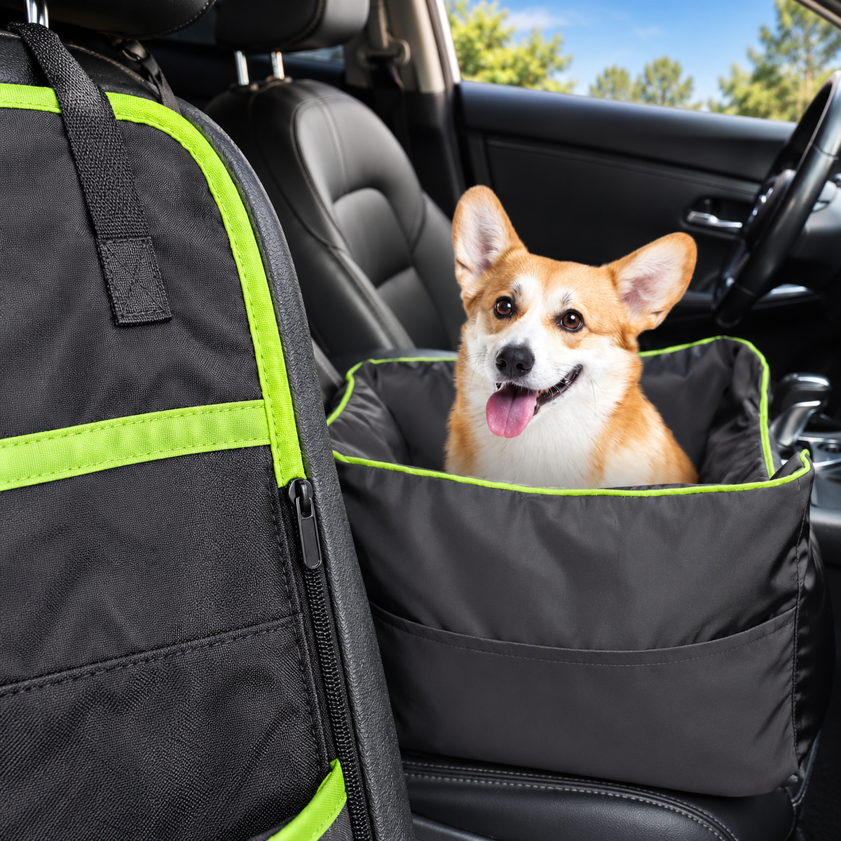 LGCLGY Padded Dog Car Booster Seat with Storage Pockets – Up to 45 lb – detail view with dog