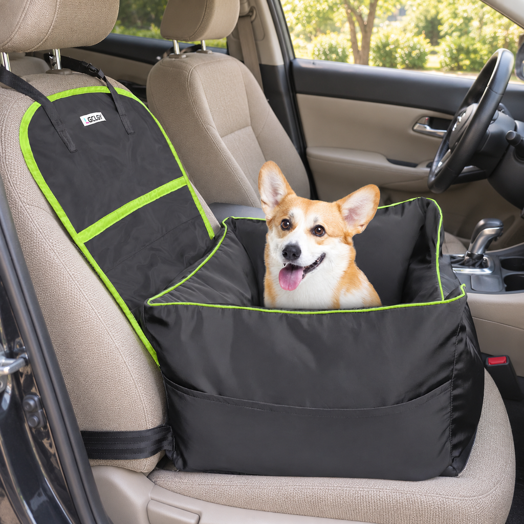 LGCLGY Padded Dog Car Booster Seat with Storage Pockets – Up to 45 lb – main view with dog