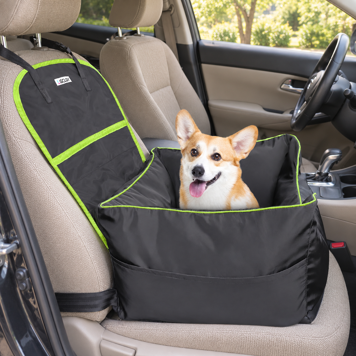 LGCLGY Padded Dog Car Booster Seat with Storage Pockets – Up to 45 lb – main view with dog