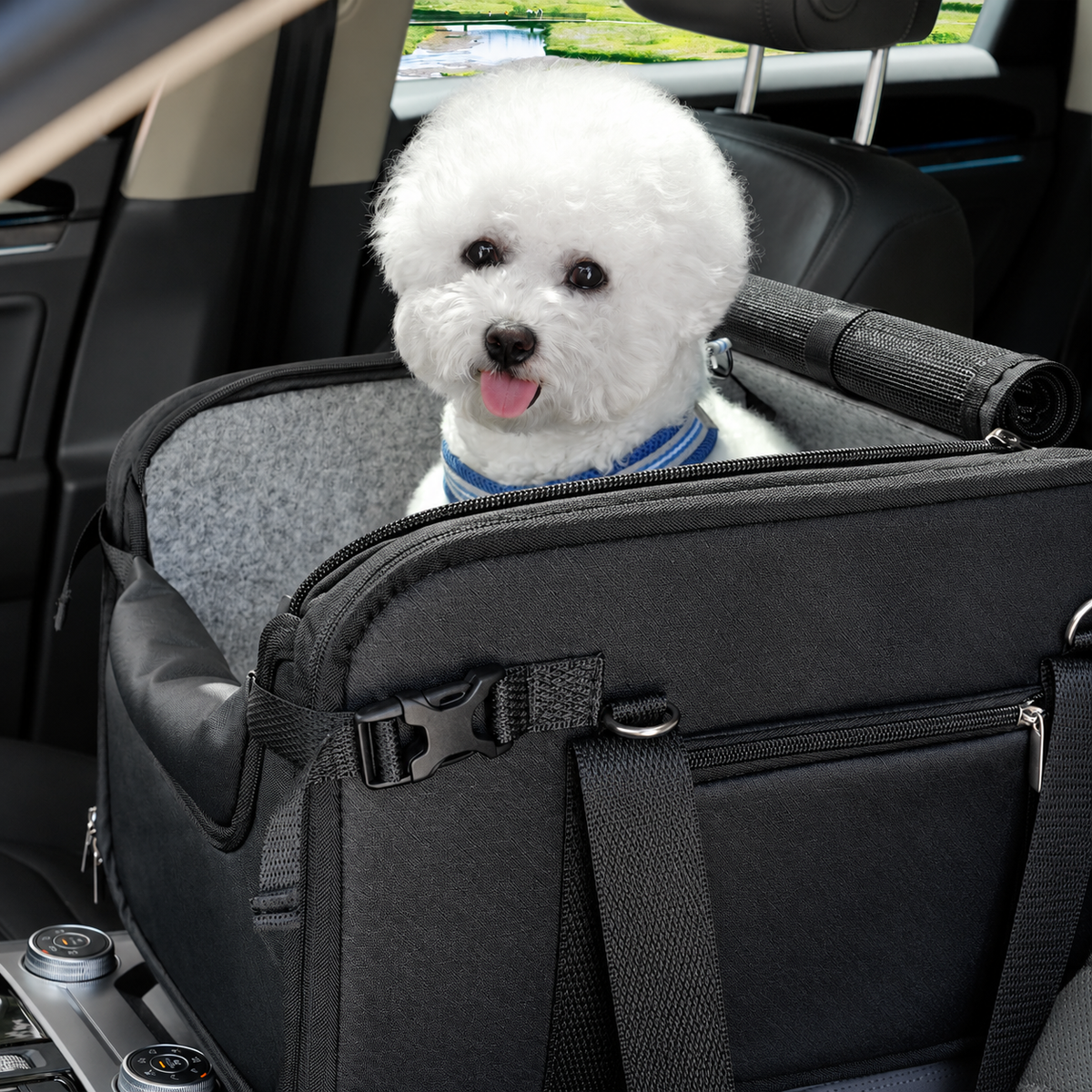 WOYYHO Mesh-Top Console Dog Car Seat – Dark Black, Up to 20 lb – detail view with dog