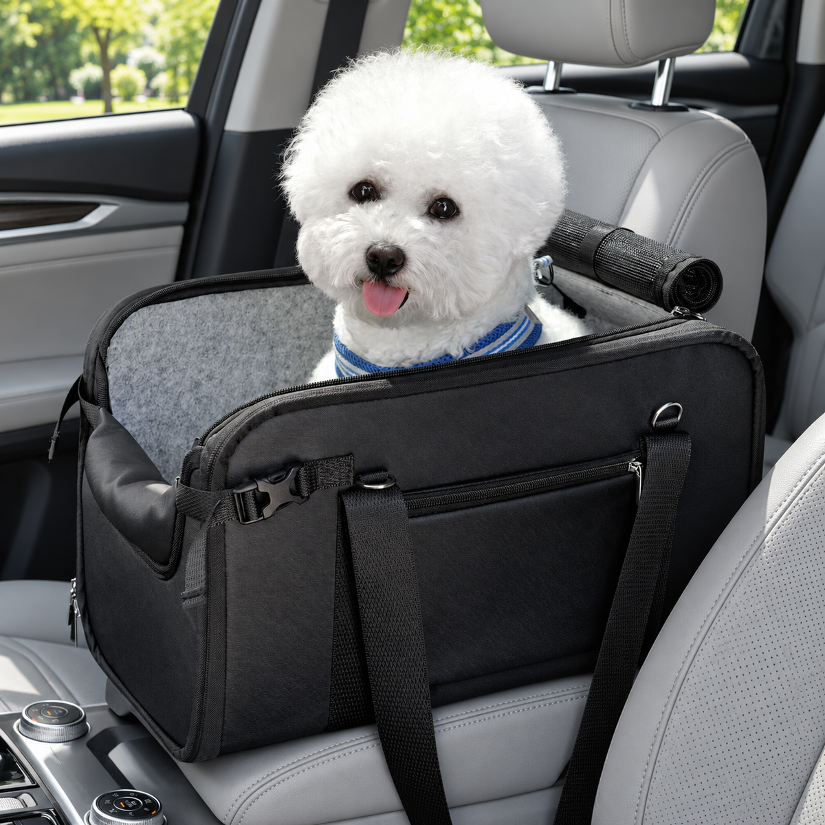 WOYYHO Mesh-Top Console Dog Car Seat – Dark Black, Up to 20 lb – main view with dog