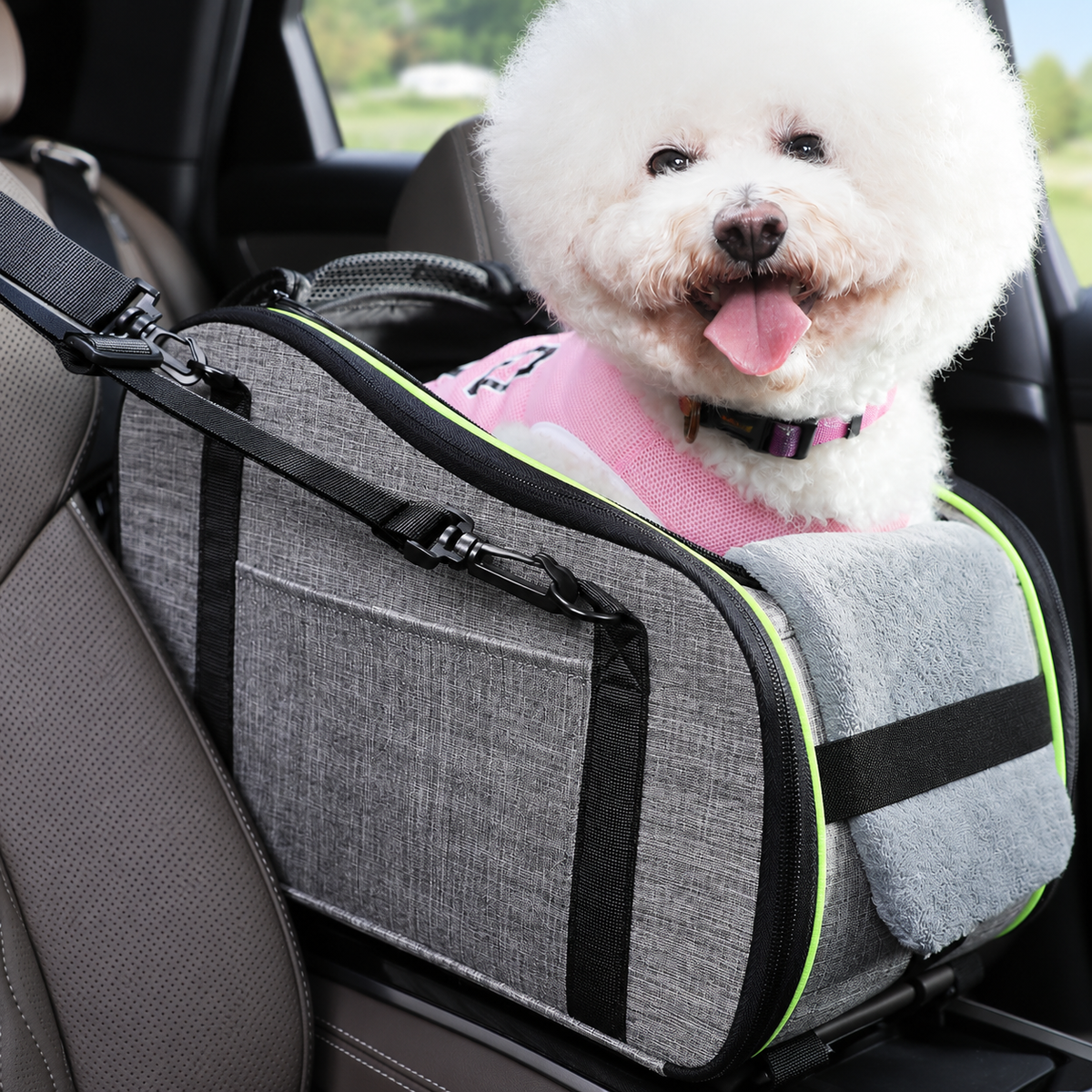 Pecute Console Dog Car Seat & Carrier – Up to 11 lb – detail view with dog