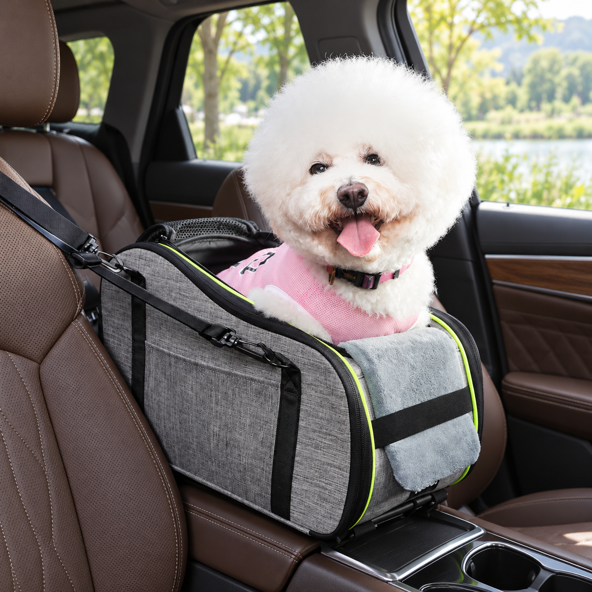 Pecute Console Dog Car Seat & Carrier – Up to 11 lb – main view with dog