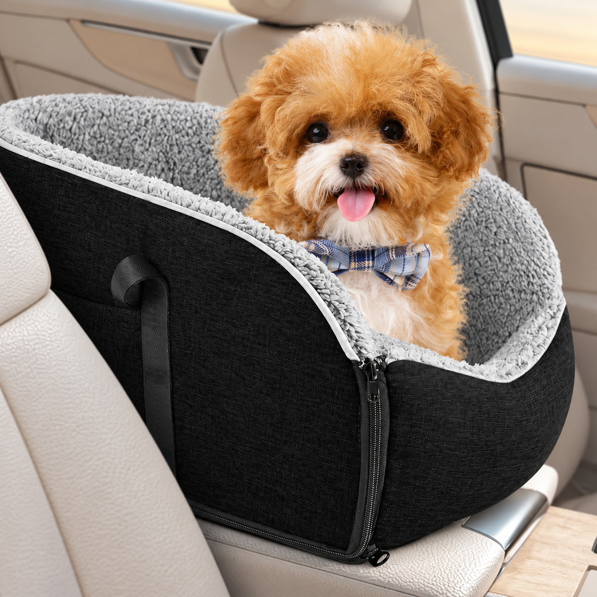 DOflight Console Dog Car Seat – Black, Up to 12 lb – detail view with dog