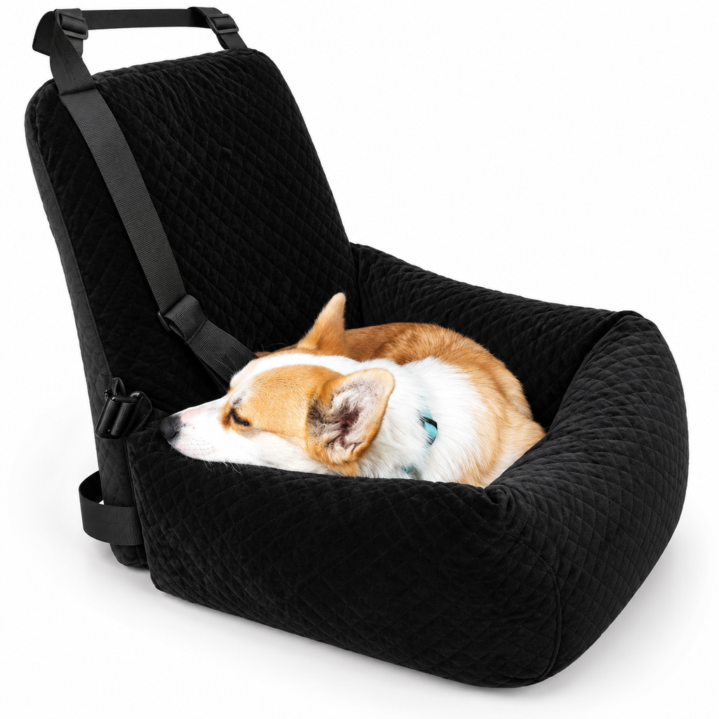 Black quilted dog booster seat with resting corgi – clear product view