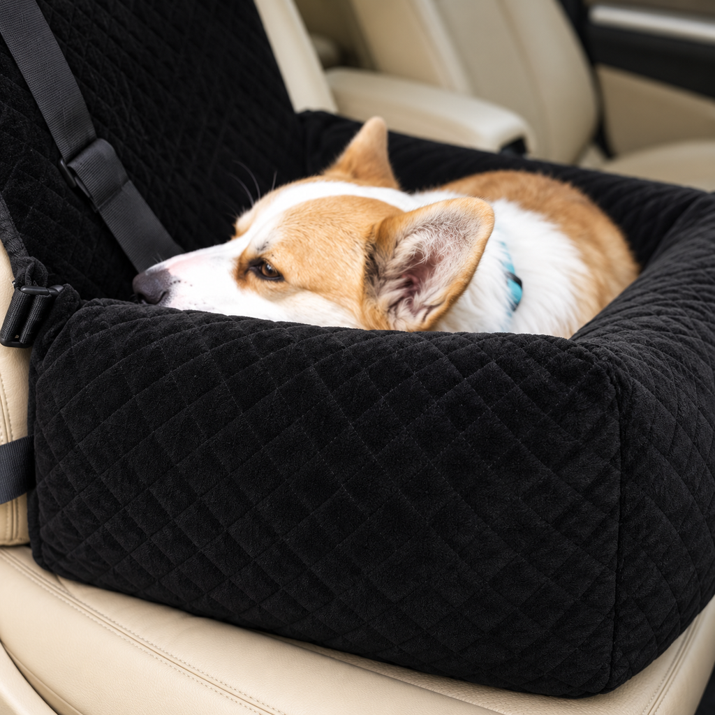 Black quilted dog car booster seat with a resting corgi – detail