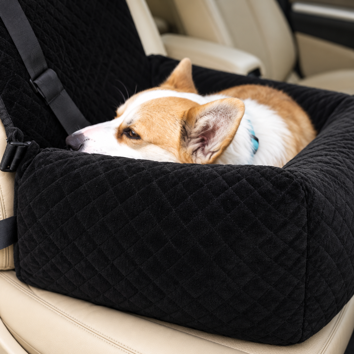 Black quilted dog car booster seat with a resting corgi – detail