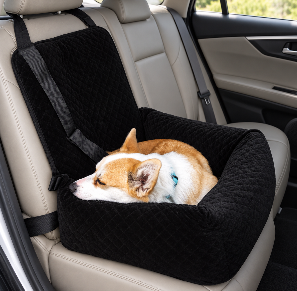 Black quilted dog car booster seat with a resting corgi – main