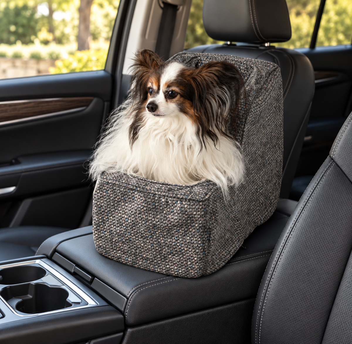 Merlin Pewter Snoozer console dog seat with a Papillon – main