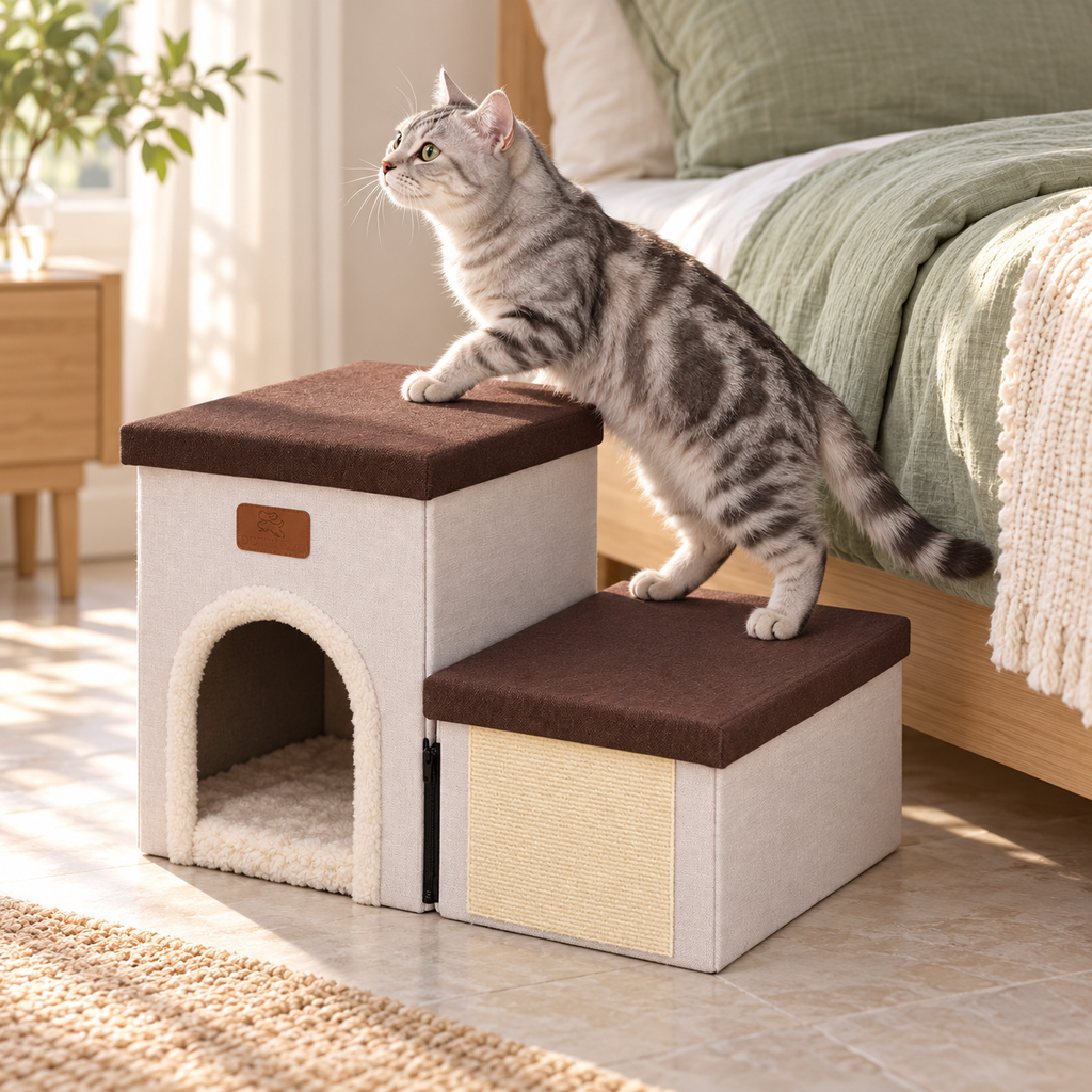 Silver tabby using the brown-beige downluxe two-step cat stairs beside a bed