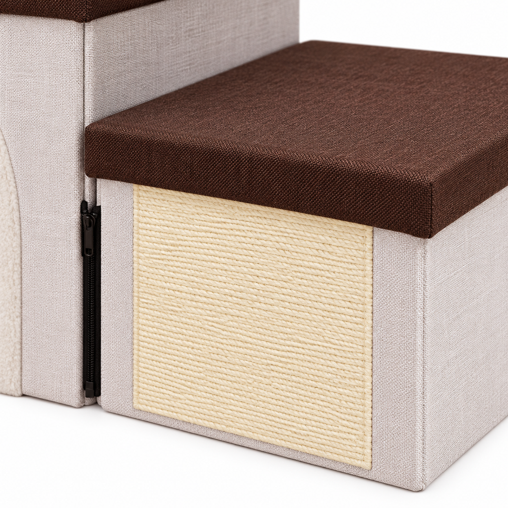 Close-up of the scratching panel, woven fabric, brown step top and connecting zipper