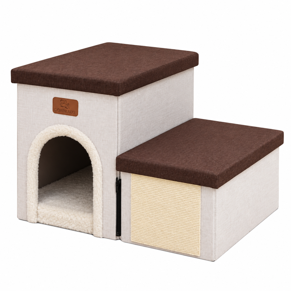 Brown-beige downluxe two-step stairs with condo and scratching panel on a white background