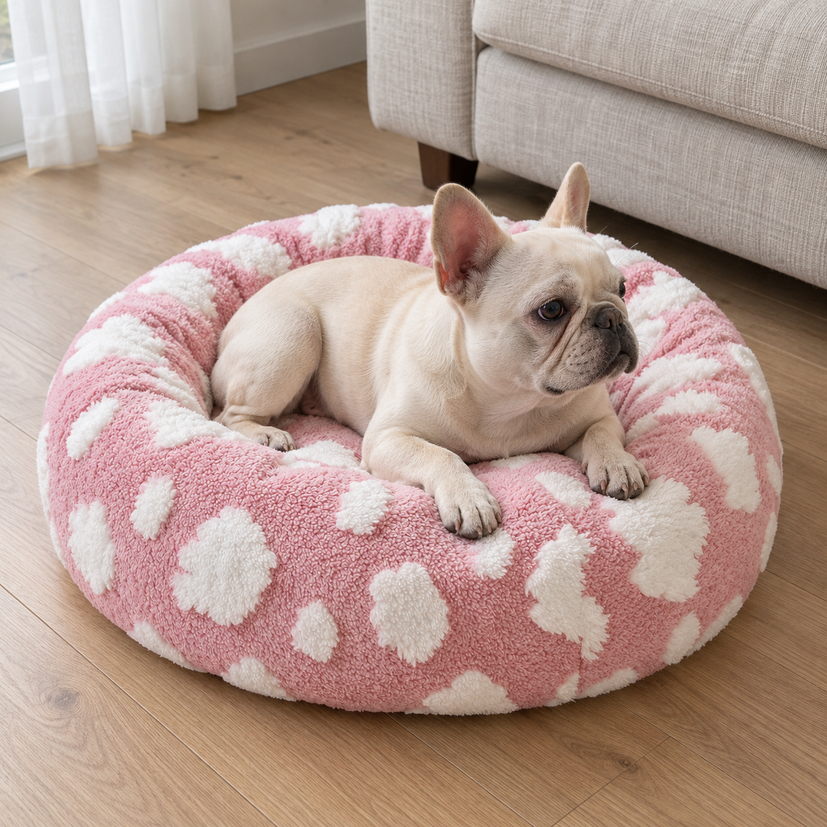 Due Felice 23-Inch Fluffy Donut Dog & Cat Bed with Removable Washable Cover – Pink/White Cloud – dog resting in natural daylight
