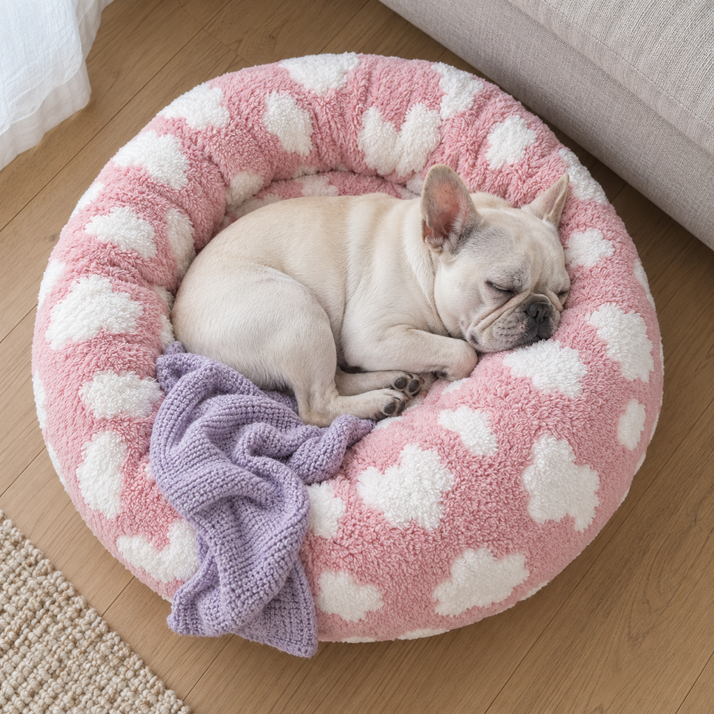 Due Felice 23-Inch Fluffy Donut Dog & Cat Bed with Removable Washable Cover – Pink/White Cloud – sleeping dog with blanket, overhead view