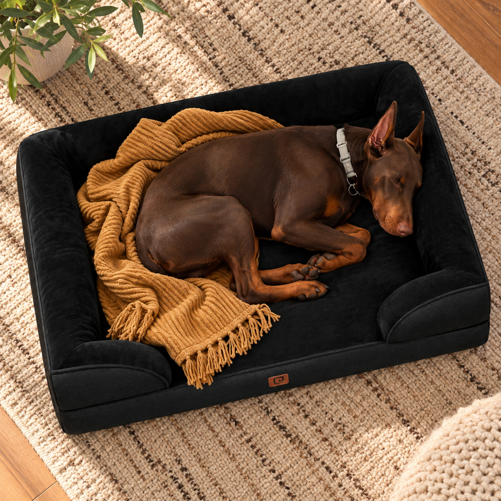 Product Name: EHEYCIGA XL Waterproof Memory Foam Orthopedic Dog Bed with Removable Washable Cover – Black – dog cuddling with blanket, alternate angle