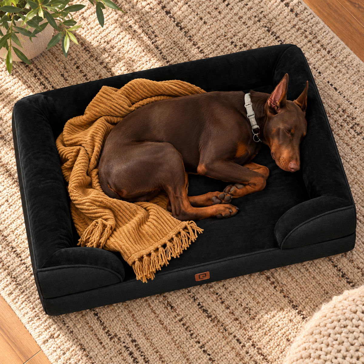 Product Name: EHEYCIGA XL Waterproof Memory Foam Orthopedic Dog Bed with Removable Washable Cover – Black – dog cuddling with blanket, alternate angle