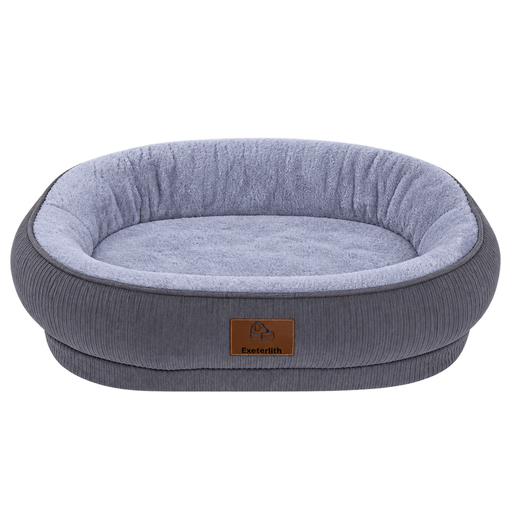 Grey oval corduroy dog bed isolated without animal
