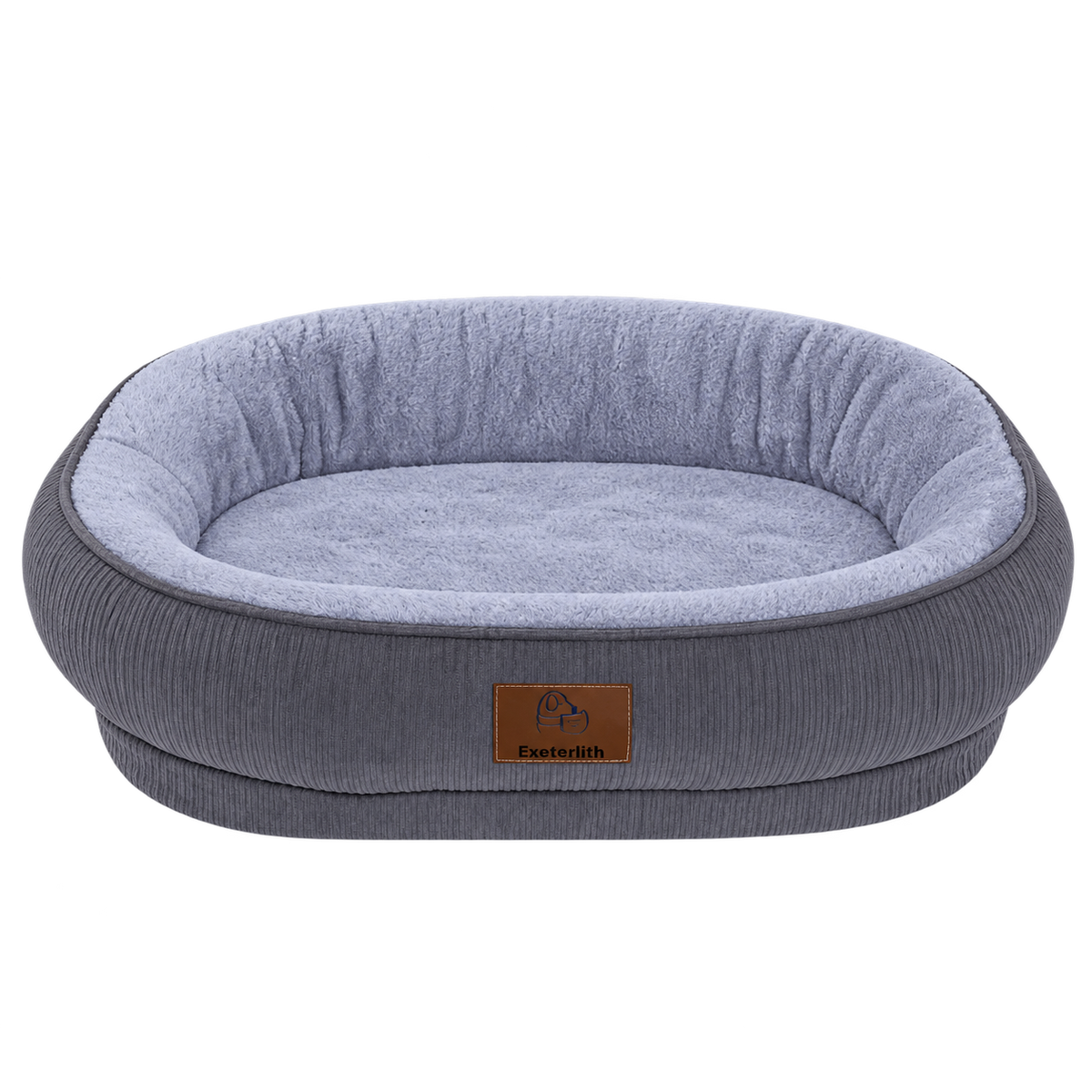 Grey oval corduroy dog bed isolated without animal