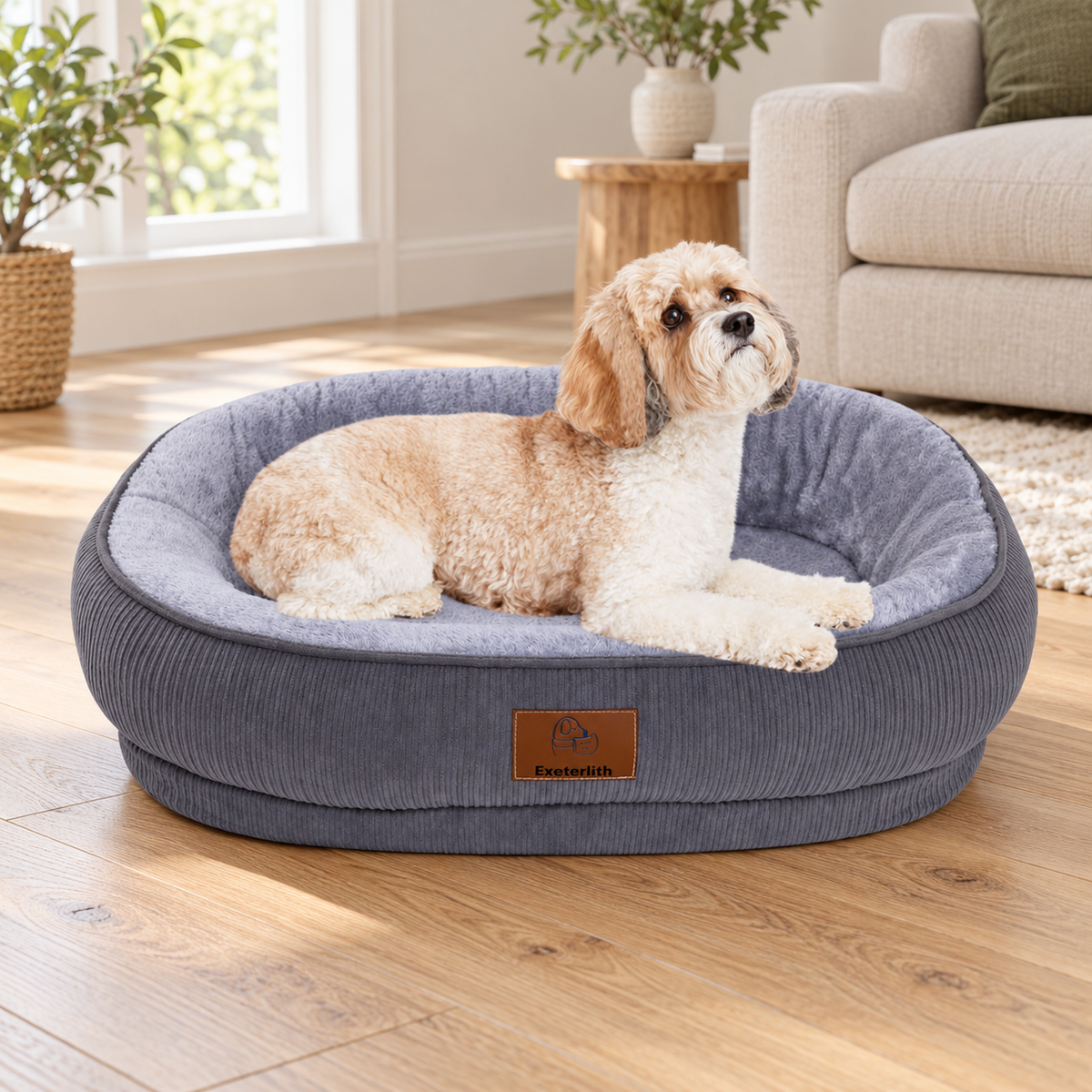 Grey oval dog bed with cream dog in living room