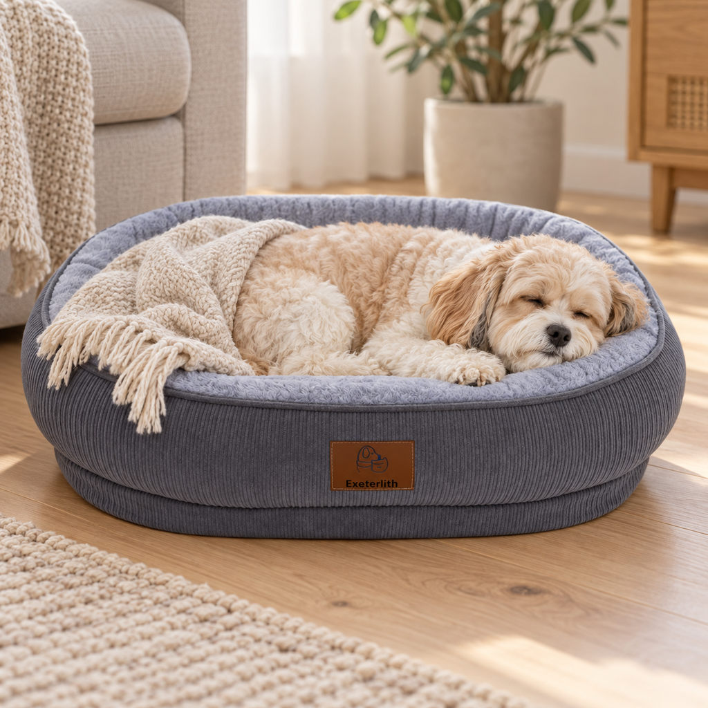Cream dog sleeping in grey oval bed; blanket shown for styling