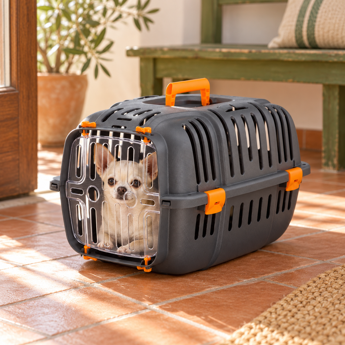 Ferplast Jet 10 carrier with a tiny Chihuahua in a terracotta entryway