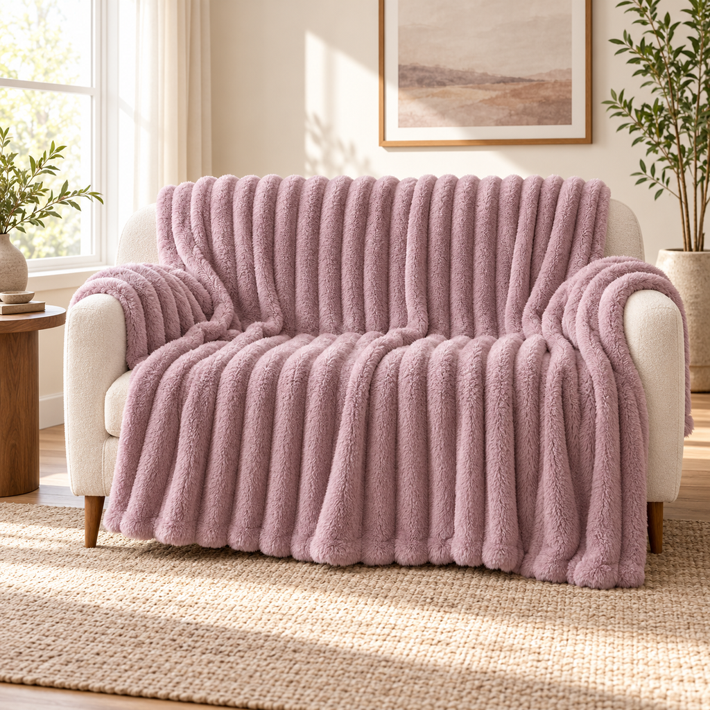 Rose-brown ribbed flannel throw draped over an ivory sofa