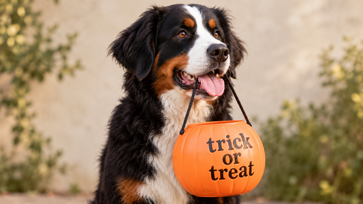 A Bernese Mountain Dog holding a trick-or-treat pumpkin bucket