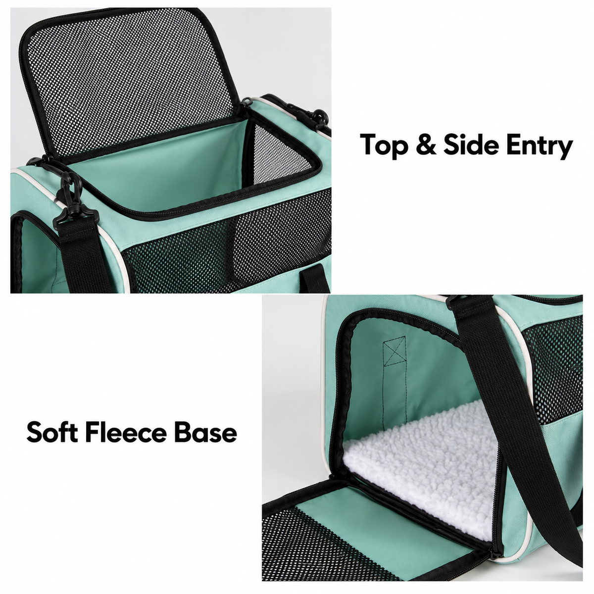 mint green top-opening carrier — product feature details